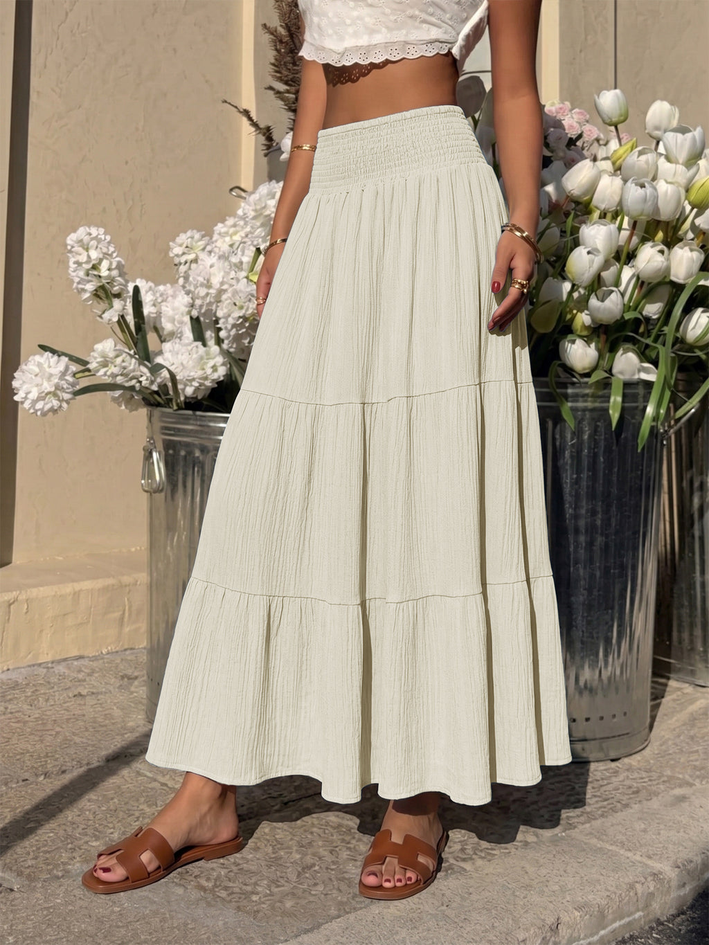 Textured Tiered Maxi Skirt With Elastic Waist - Apricot - 2