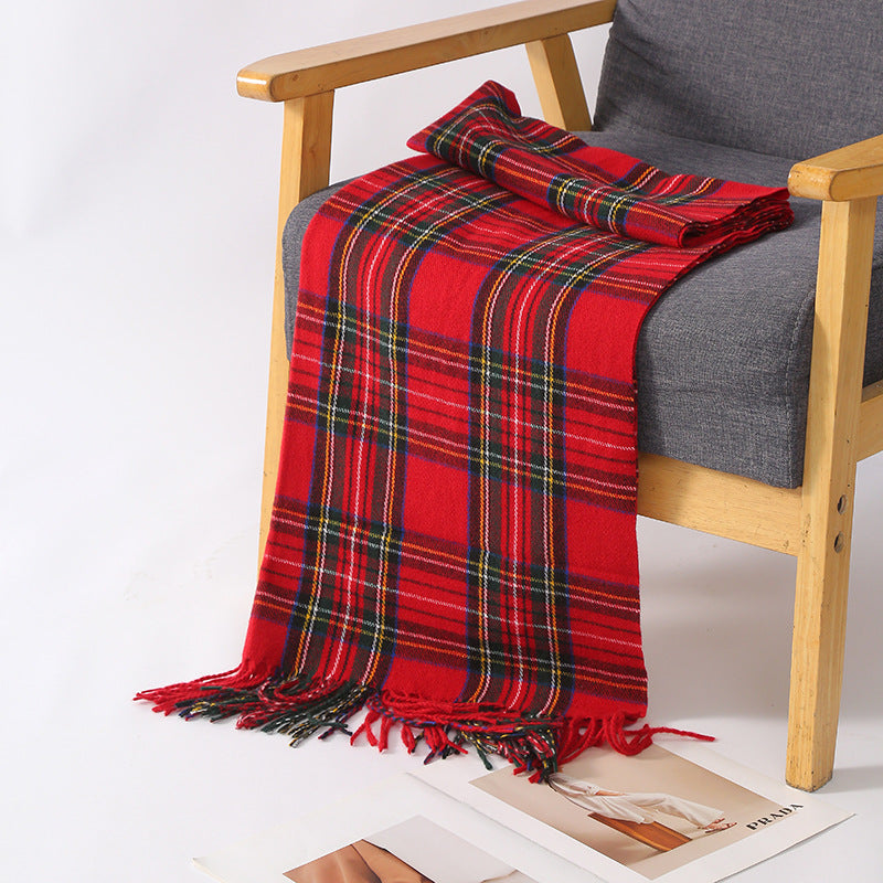 Red Tartan Plaid Tassel Scarf - Red