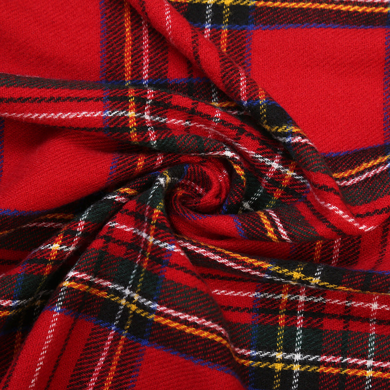 Red Tartan Plaid Tassel Scarf - Red - 1