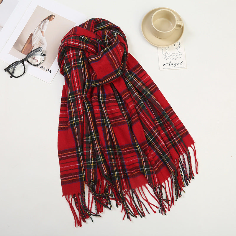 Red Tartan Plaid Tassel Scarf - Red - 2