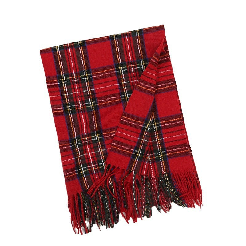Red Tartan Plaid Tassel Scarf - Red - 3