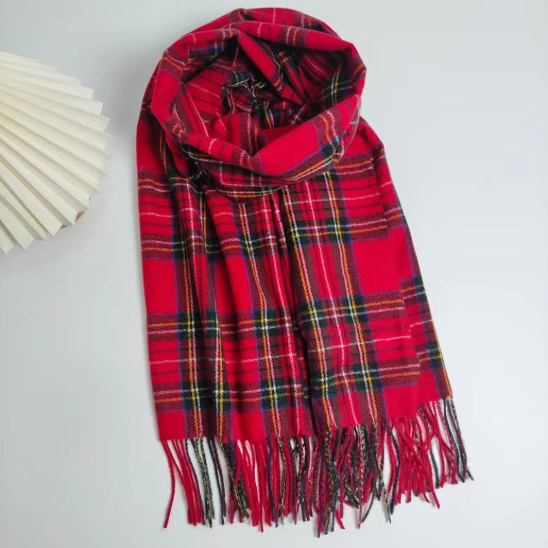 Red Tartan Plaid Tassel Scarf - Red - 4