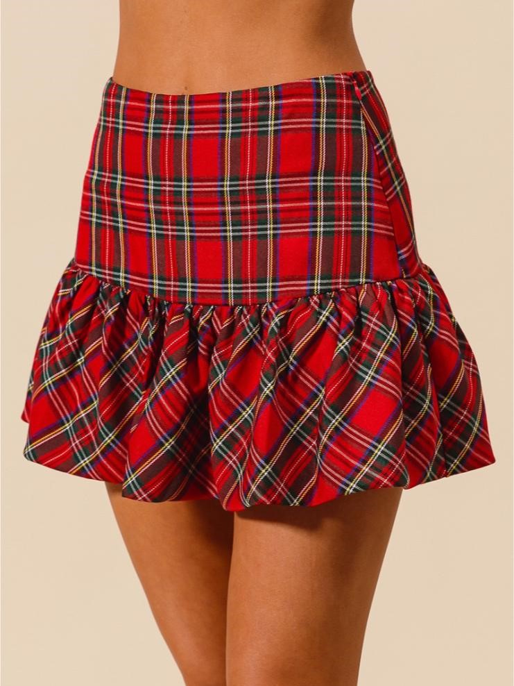 Tartan Plaid Ruffle Hem Mini Skirt - Red - 1