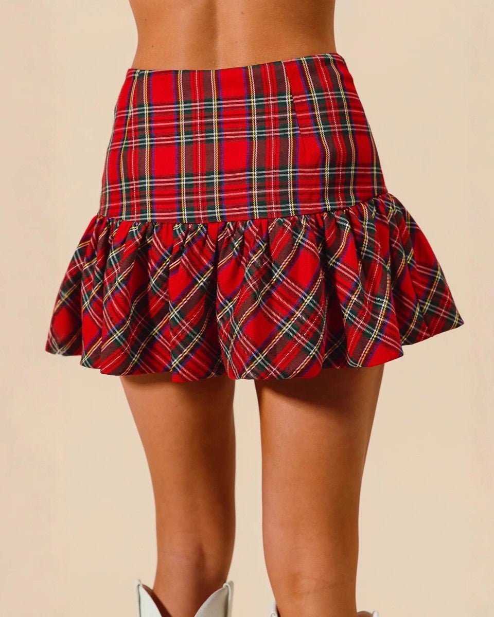 Tartan Plaid Ruffle Hem Mini Skirt - Red - 2