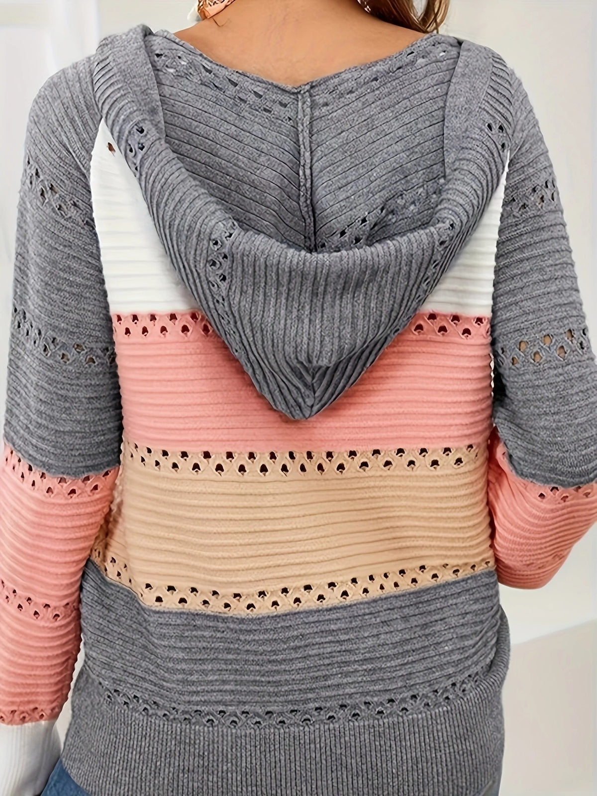 Lace Up Hooded Striped Pointelle Knit Top - Grey - 1