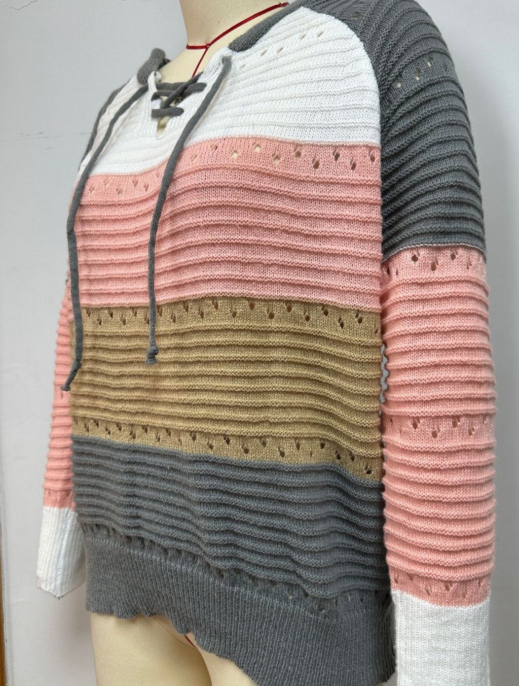 Lace Up Hooded Striped Pointelle Knit Top - Grey - 2