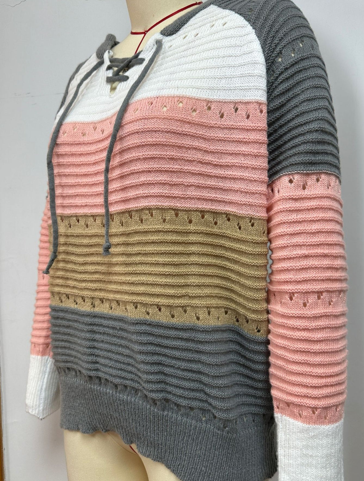 Lace Up Hooded Striped Pointelle Knit Top - Grey - 2