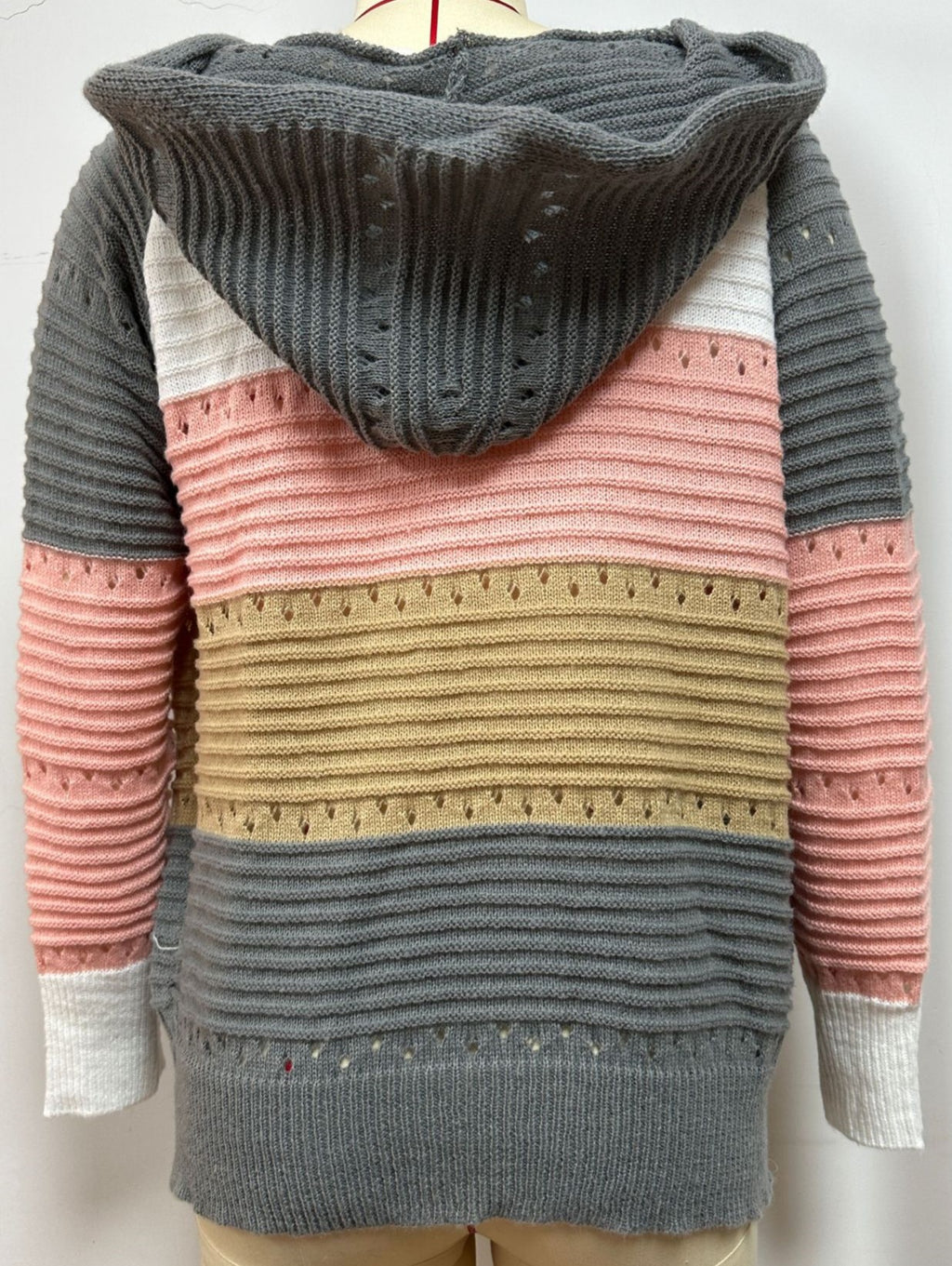 Lace Up Hooded Striped Pointelle Knit Top - Grey - 3