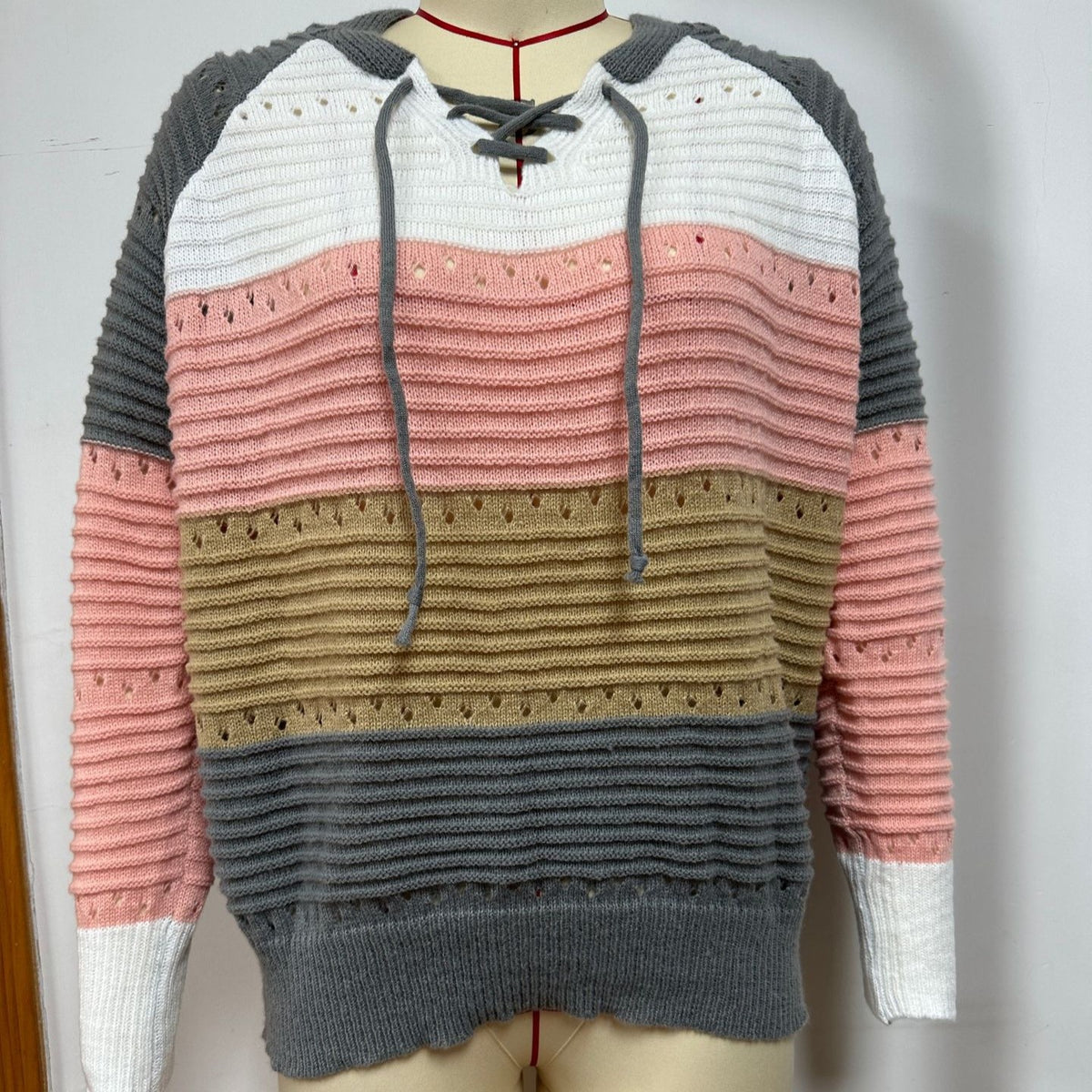 Lace Up Hooded Striped Pointelle Knit Top - Grey - 4