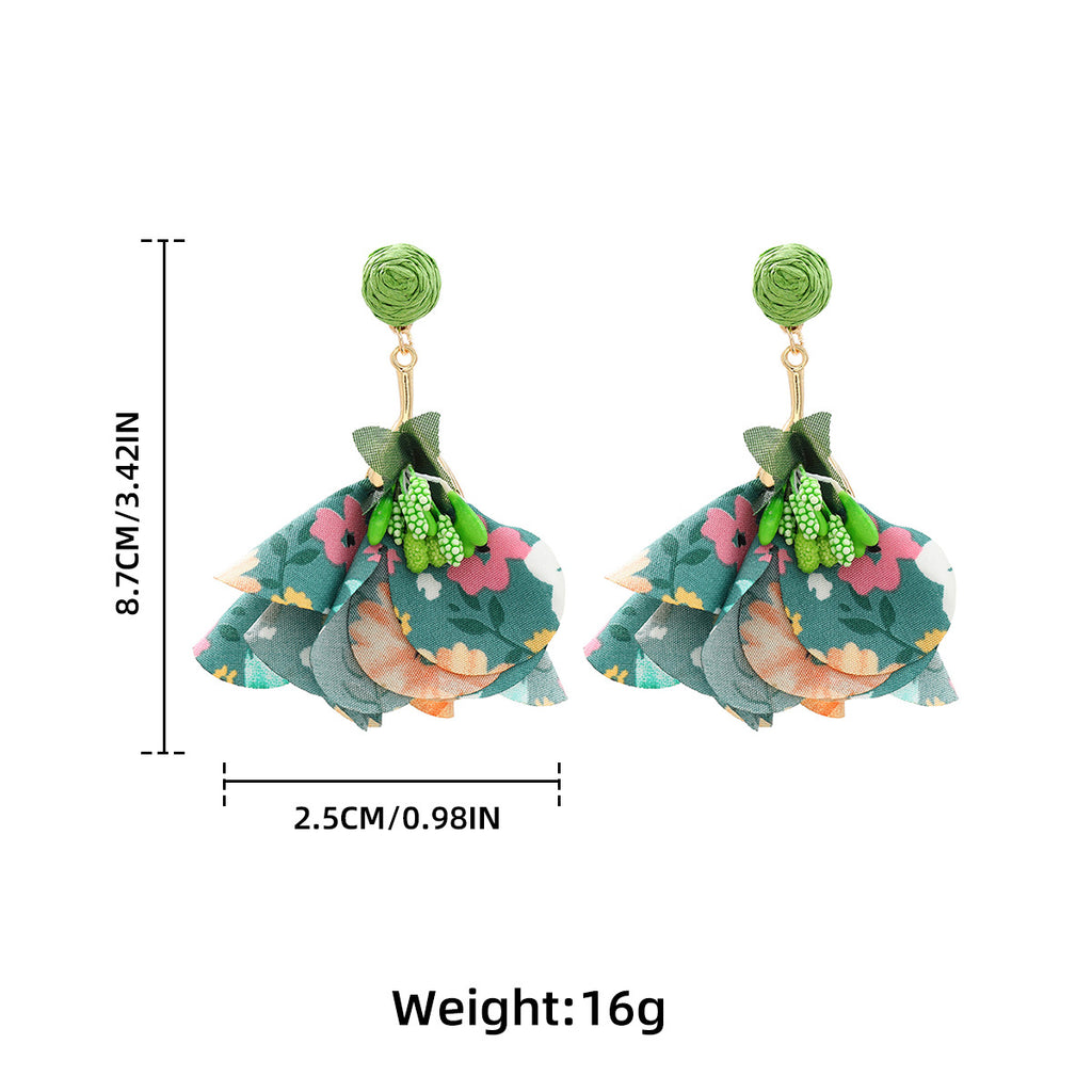 Floral Fabric Petal Drop Earrings - Green