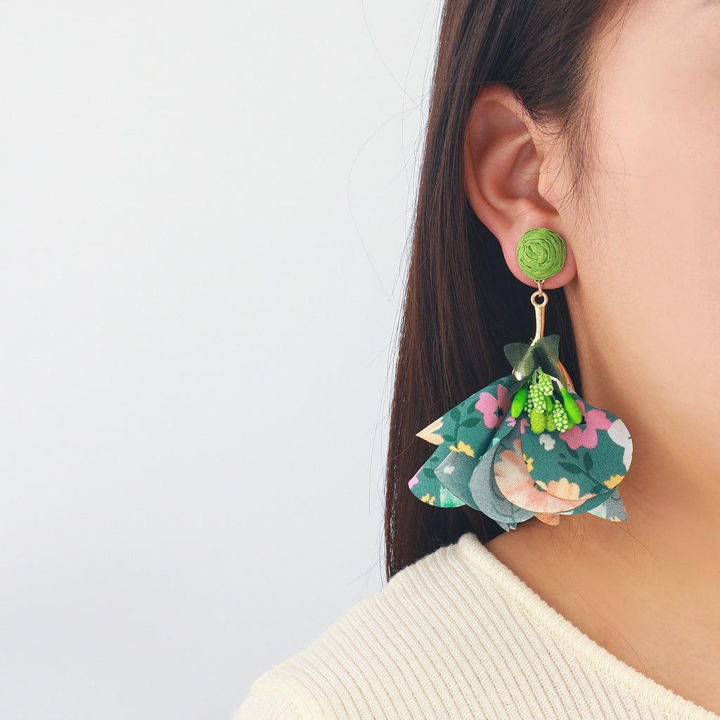 Floral Fabric Petal Drop Earrings - Green - 1
