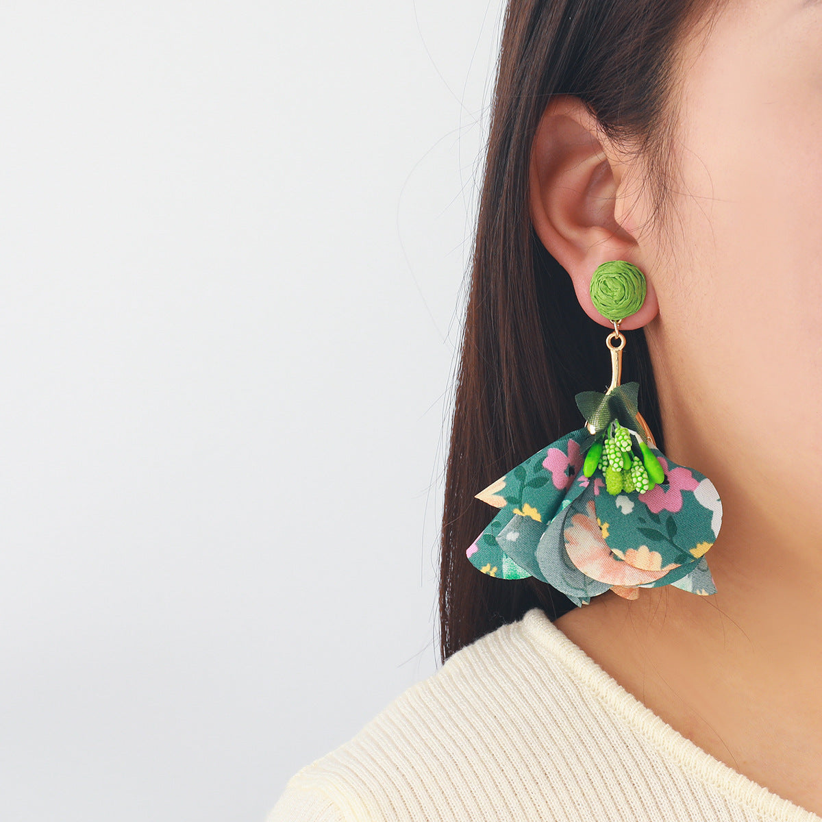 Floral Fabric Petal Drop Earrings - Green - 1