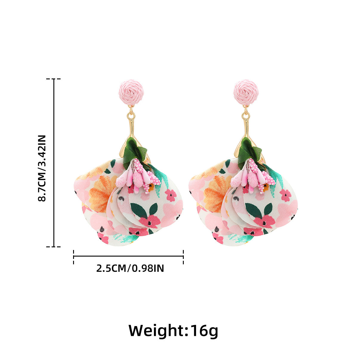 Floral Fabric Petal Drop Earrings - Pink