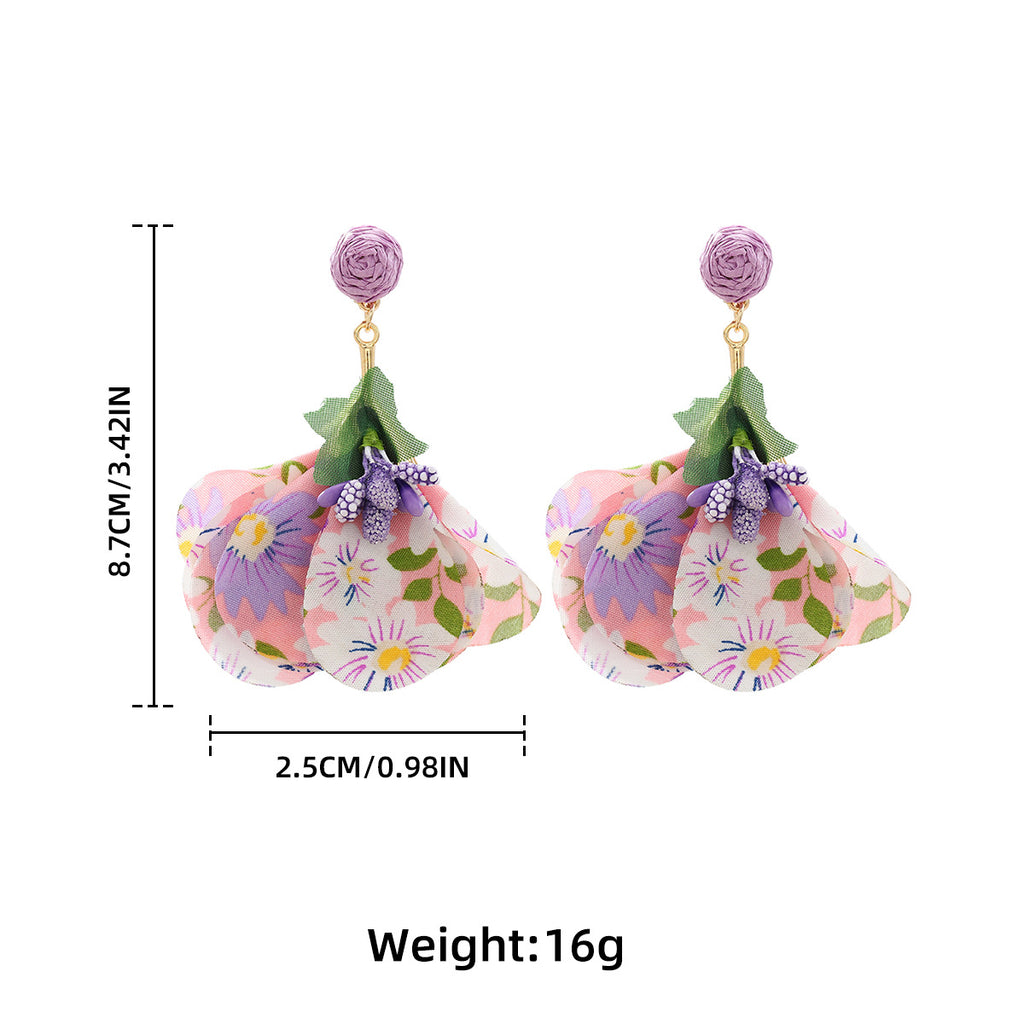 Floral Fabric Petal Drop Earrings - Purple