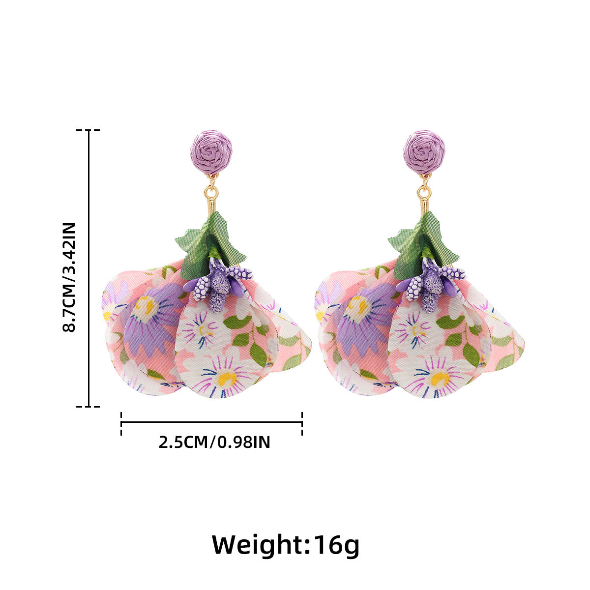 Floral Fabric Petal Drop Earrings - Purple