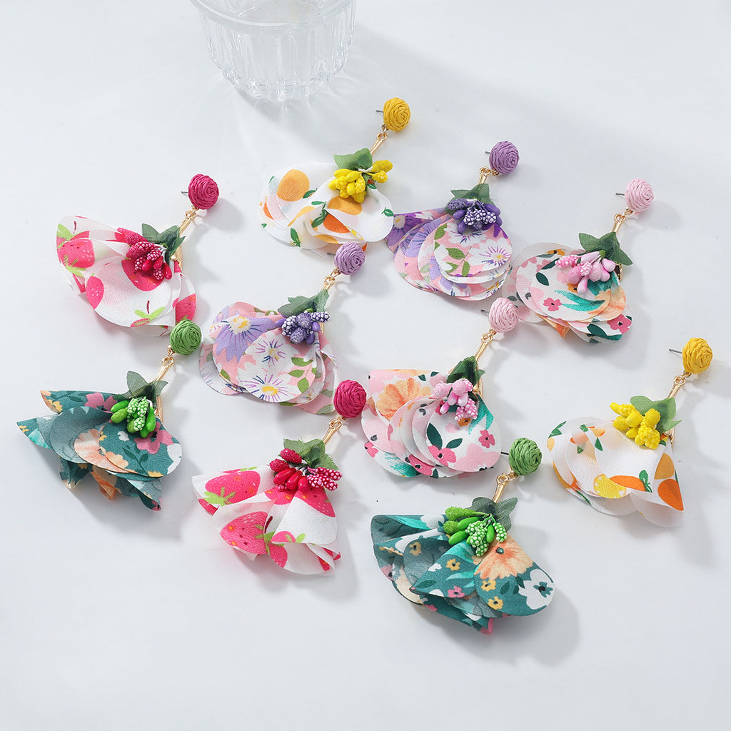 Floral Fabric Petal Drop Earrings - Purple - 1