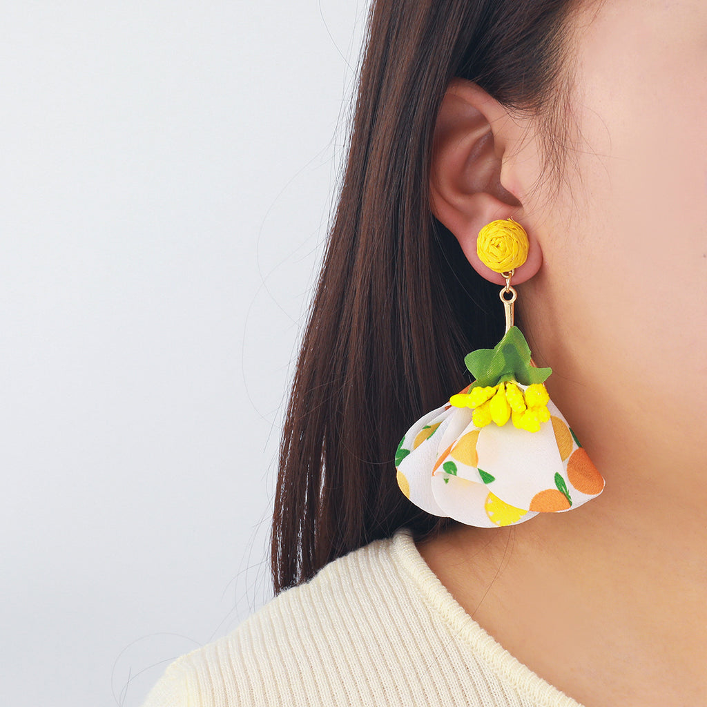 Floral Fabric Petal Drop Earrings - Yellow - 1