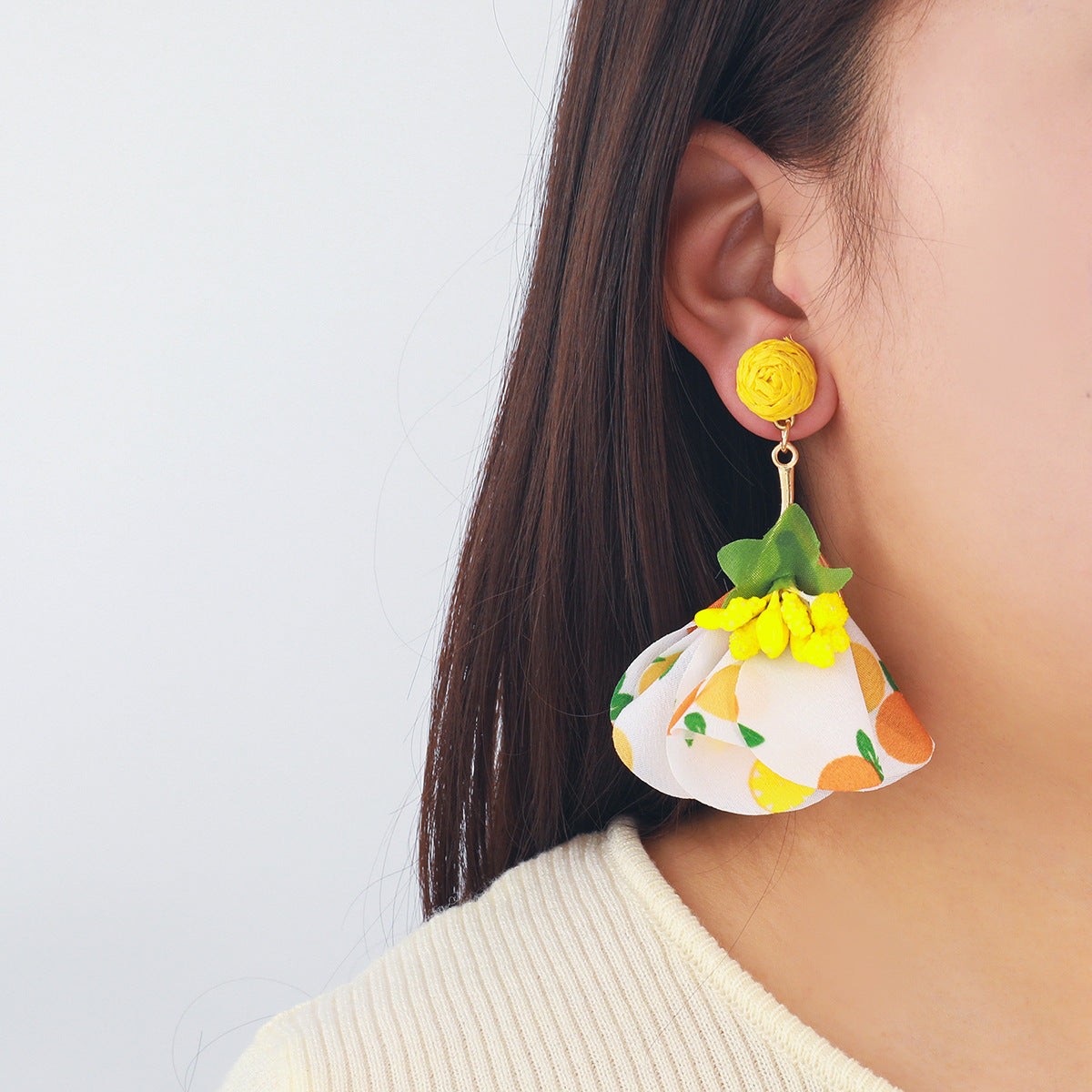 Floral Fabric Petal Drop Earrings - Yellow - 1