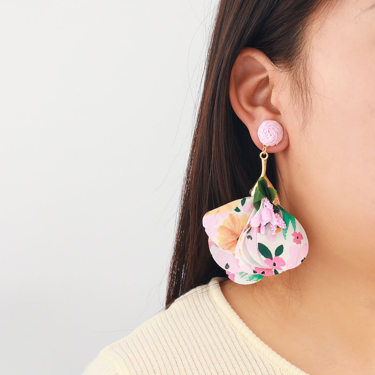 Floral Fabric Petal Drop Earrings