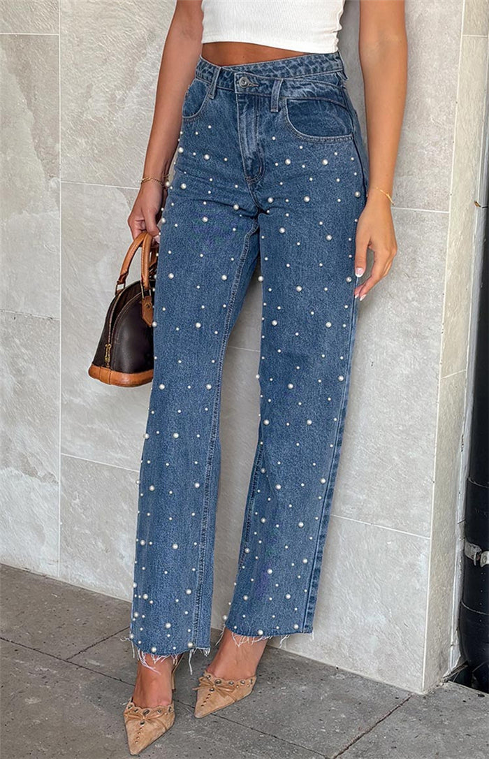 Pearl Beaded Asymmetric Waist Straight Jeans - Blue