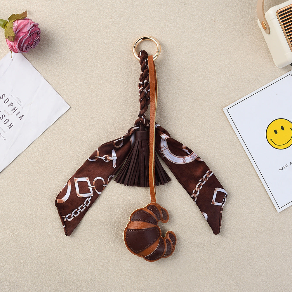 Croissant Charm Keychain With Twilly Scarf - Coffee