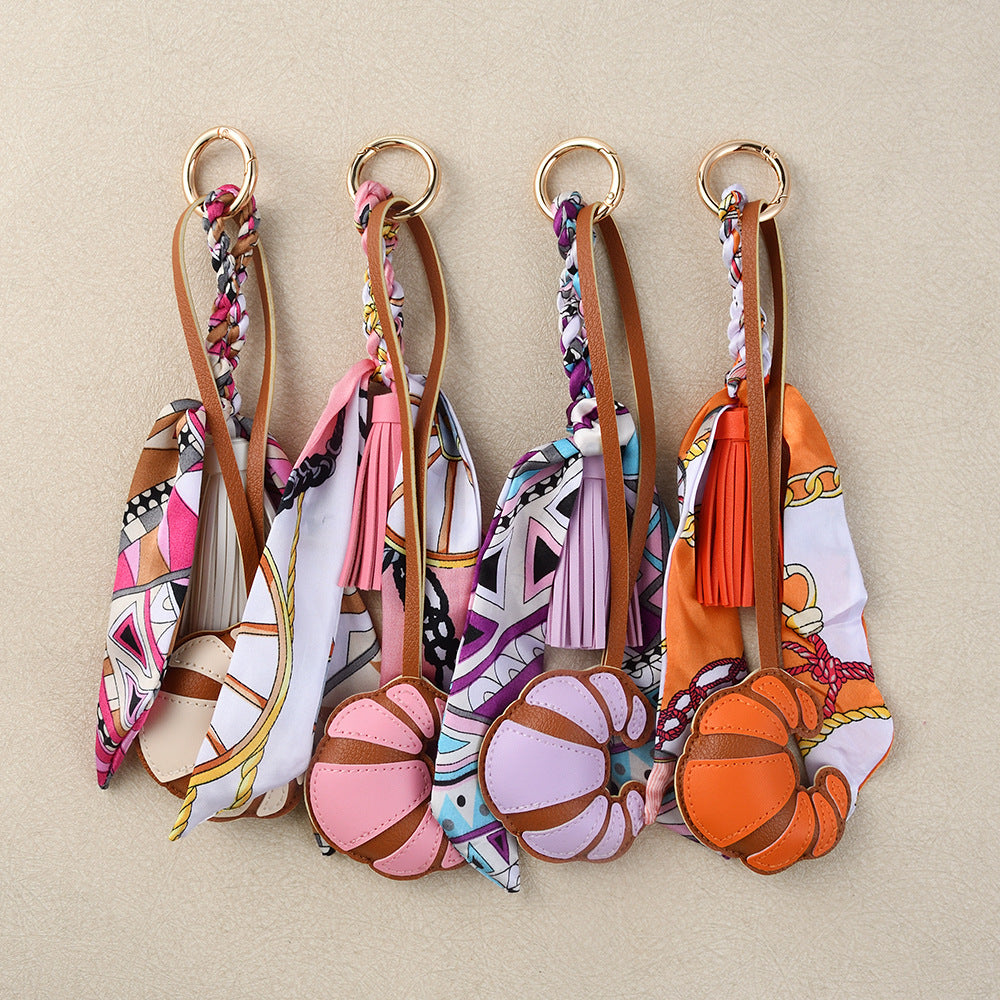 Croissant Charm Keychain With Twilly Scarf - Pink