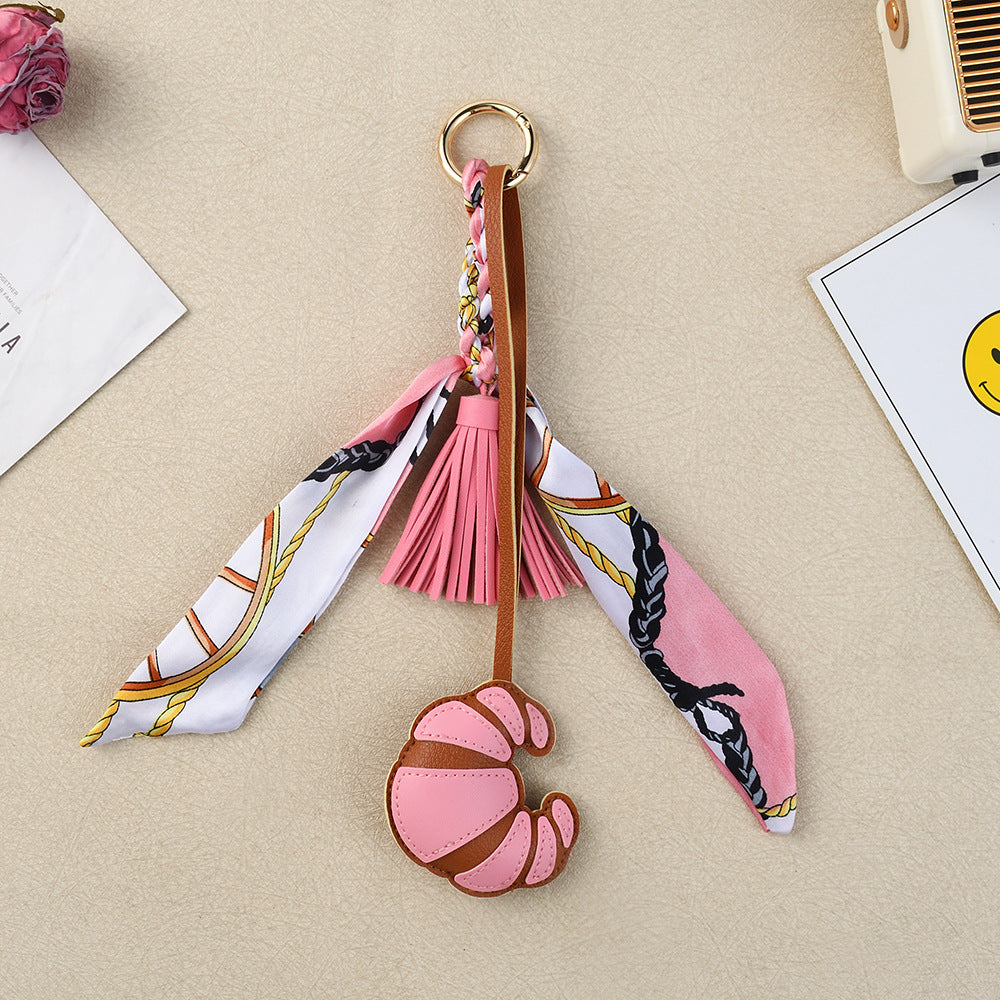 Croissant Charm Keychain With Twilly Scarf - Pink - 1