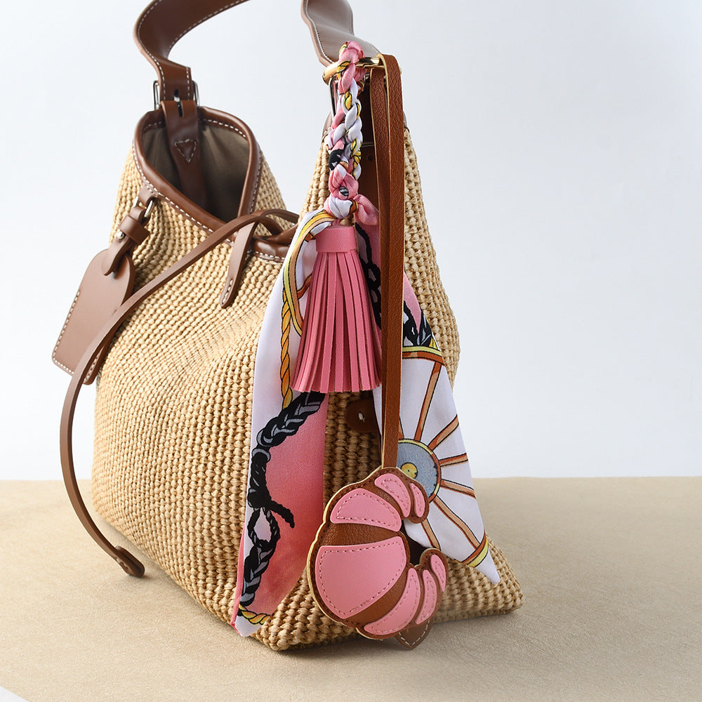 Croissant Charm Keychain With Twilly Scarf - Pink - 2