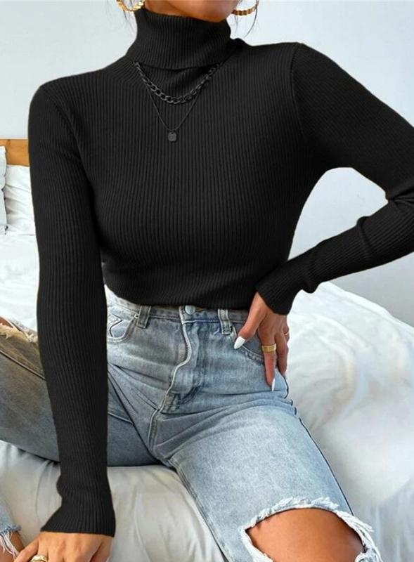 Ribbed Turtleneck Slim Fit Layering Top - Black