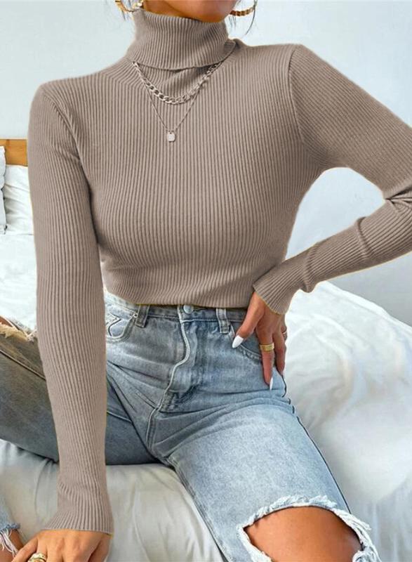 Ribbed Turtleneck Slim Fit Layering Top - Khaki