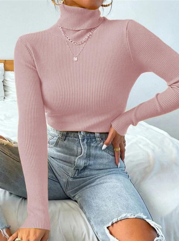 Ribbed Turtleneck Slim Fit Layering Top - Pink