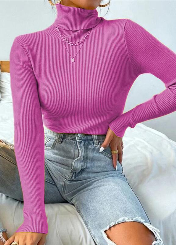 Ribbed Turtleneck Slim Fit Layering Top - Rose_red