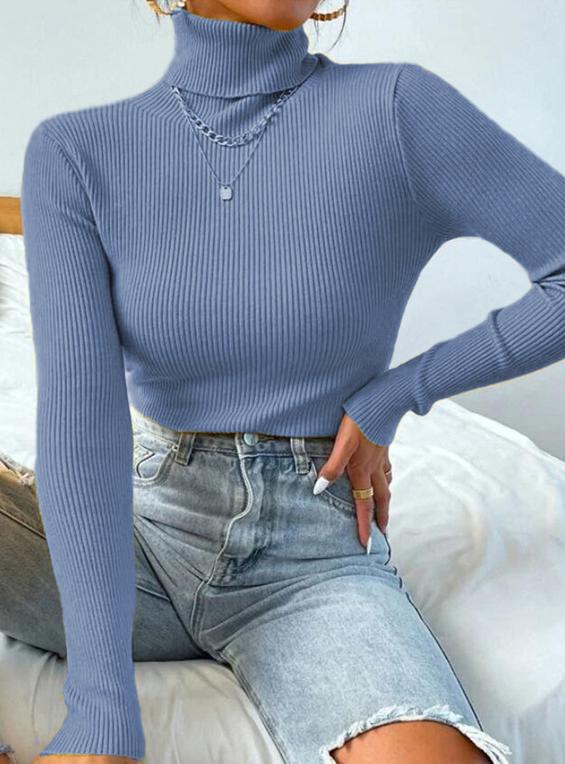 Ribbed Turtleneck Slim Fit Layering Top - SeaBlue