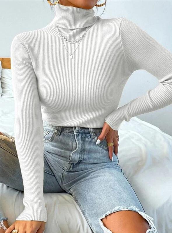 Ribbed Turtleneck Slim Fit Layering Top - White