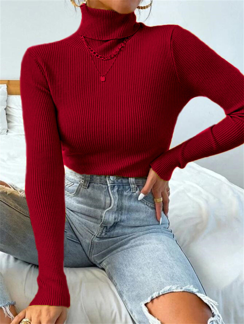 Ribbed Turtleneck Slim Fit Layering Top - Wine_red