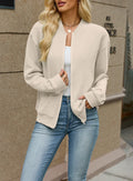 Ribbed Zip Front Bomber Jacket With Pockets - Apricot