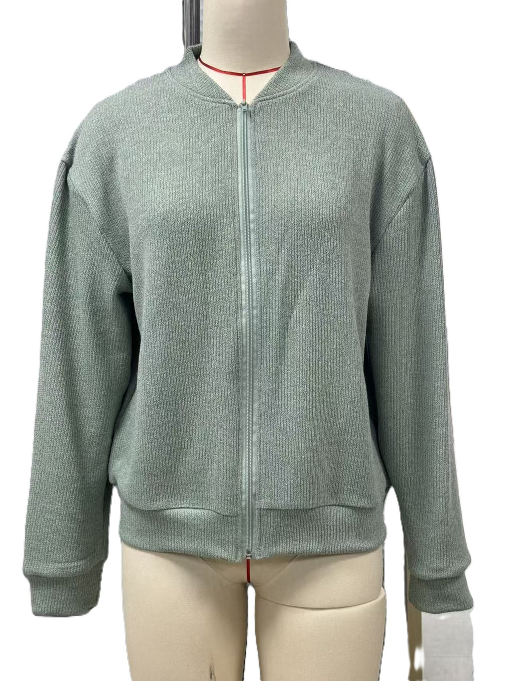 Ribbed Zip Front Bomber Jacket With Pockets - Green