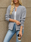 Ribbed Zip Front Bomber Jacket With Pockets - Grey