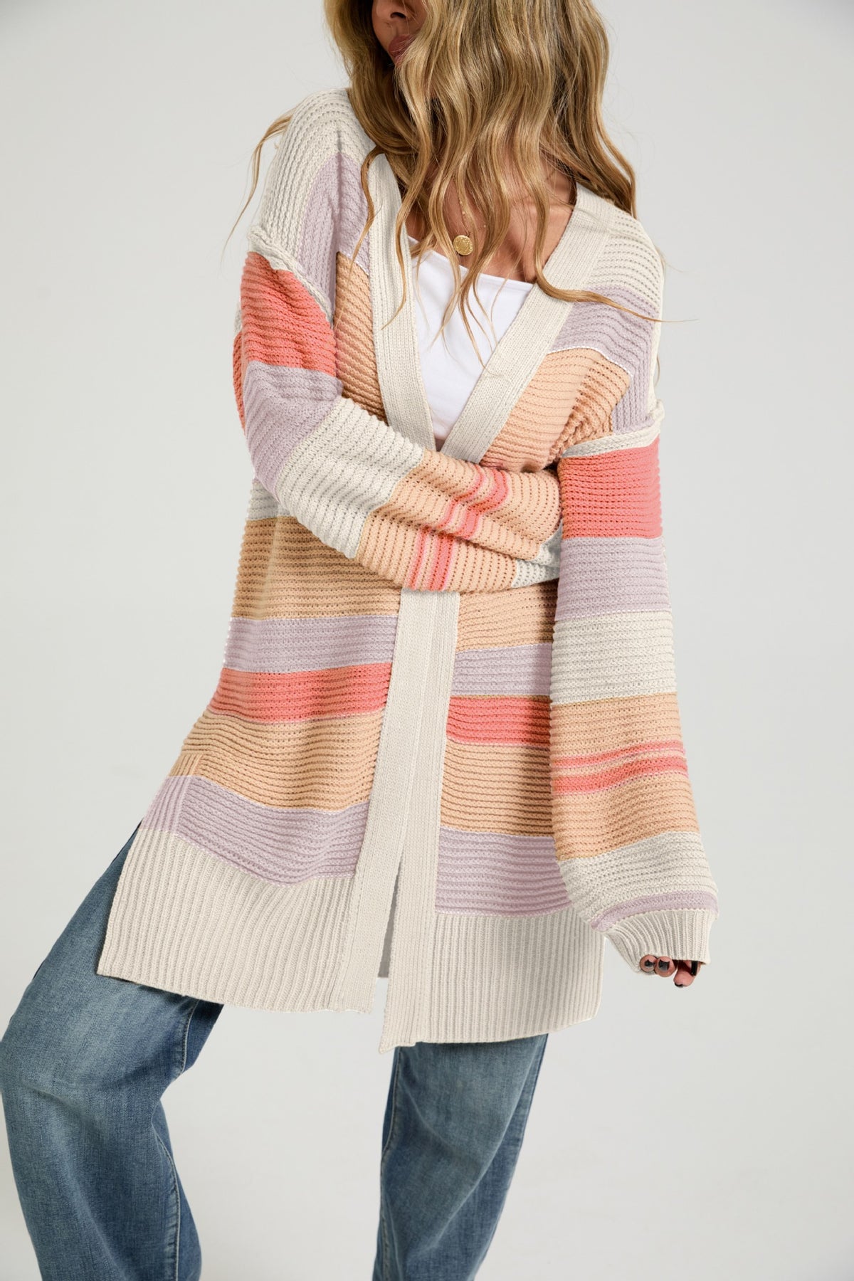Slouchy Ribbed Multi Stripe Duster Cardigan - Apricot