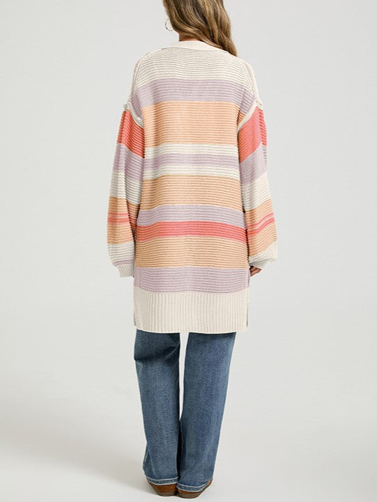 Slouchy Ribbed Multi Stripe Duster Cardigan - Apricot - 1