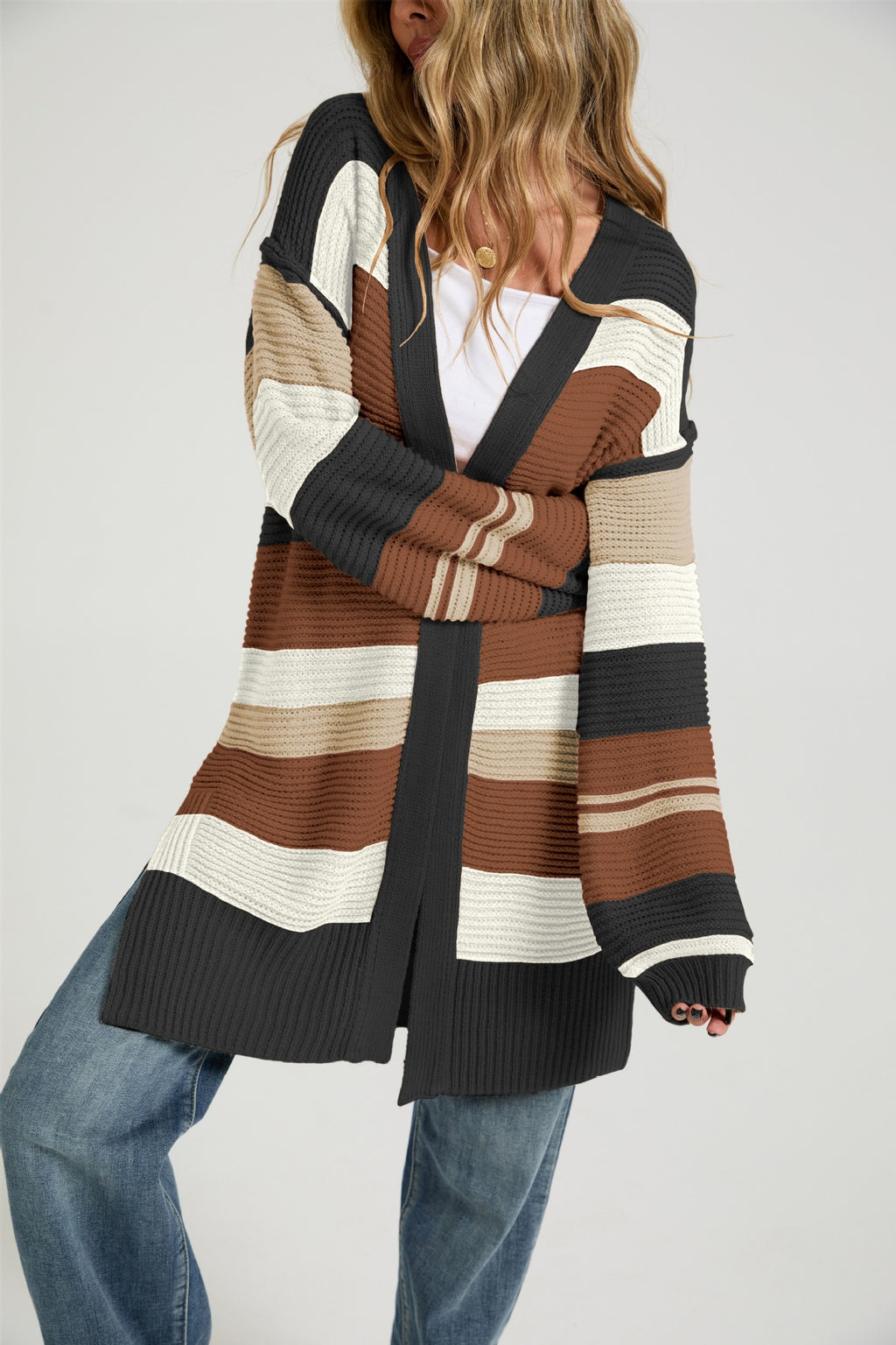 Slouchy Ribbed Multi Stripe Duster Cardigan - Black