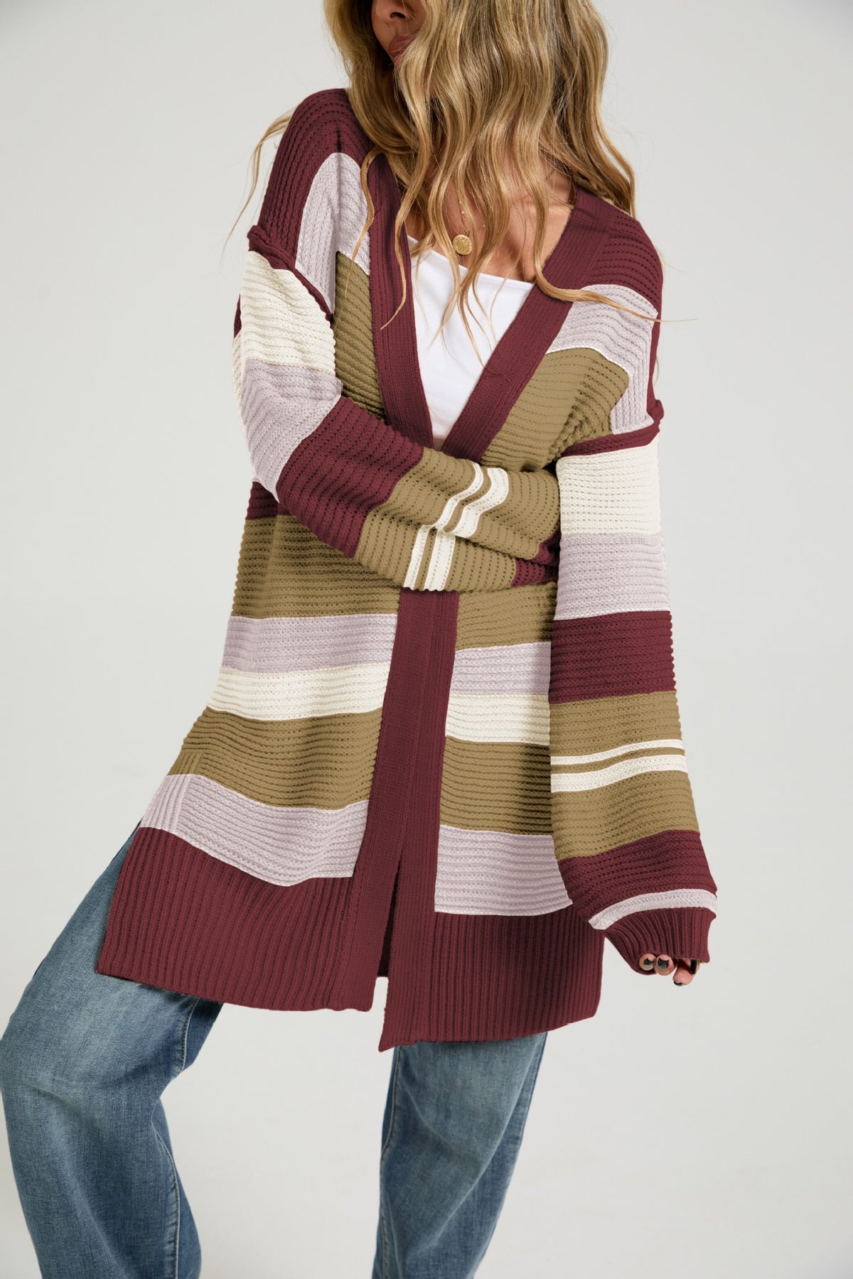 Slouchy Ribbed Multi Stripe Duster Cardigan - WineRed