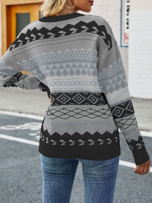 Geometric Fair Isle Stripe Crew Neck Sweater - Black - 1