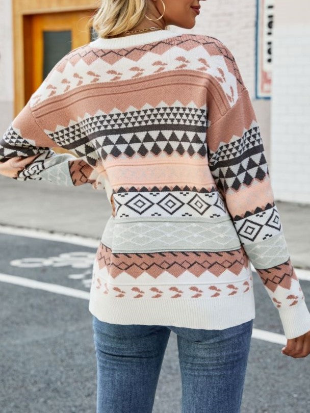 Geometric Fair Isle Stripe Crew Neck Sweater - Pink - 2