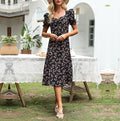 Ditsy Floral Puff Sleeve Slit Midi Dress - Black
