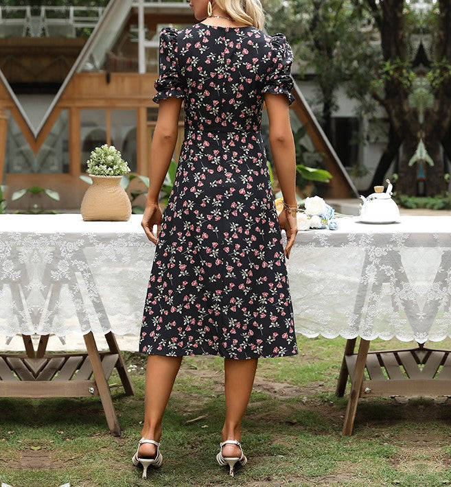 Ditsy Floral Puff Sleeve Slit Midi Dress - Black - 6