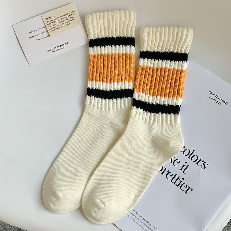 Retro Striped Ribbed Crew Socks - Color_3