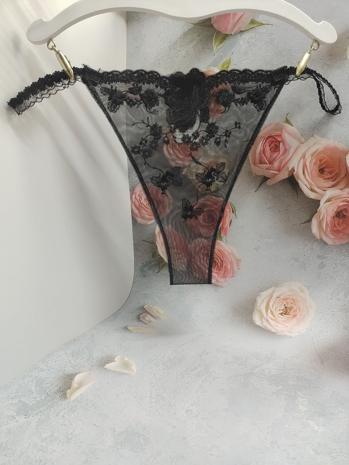Floral Embroidered Sheer Mesh String Side Cheeky Panty - Black
