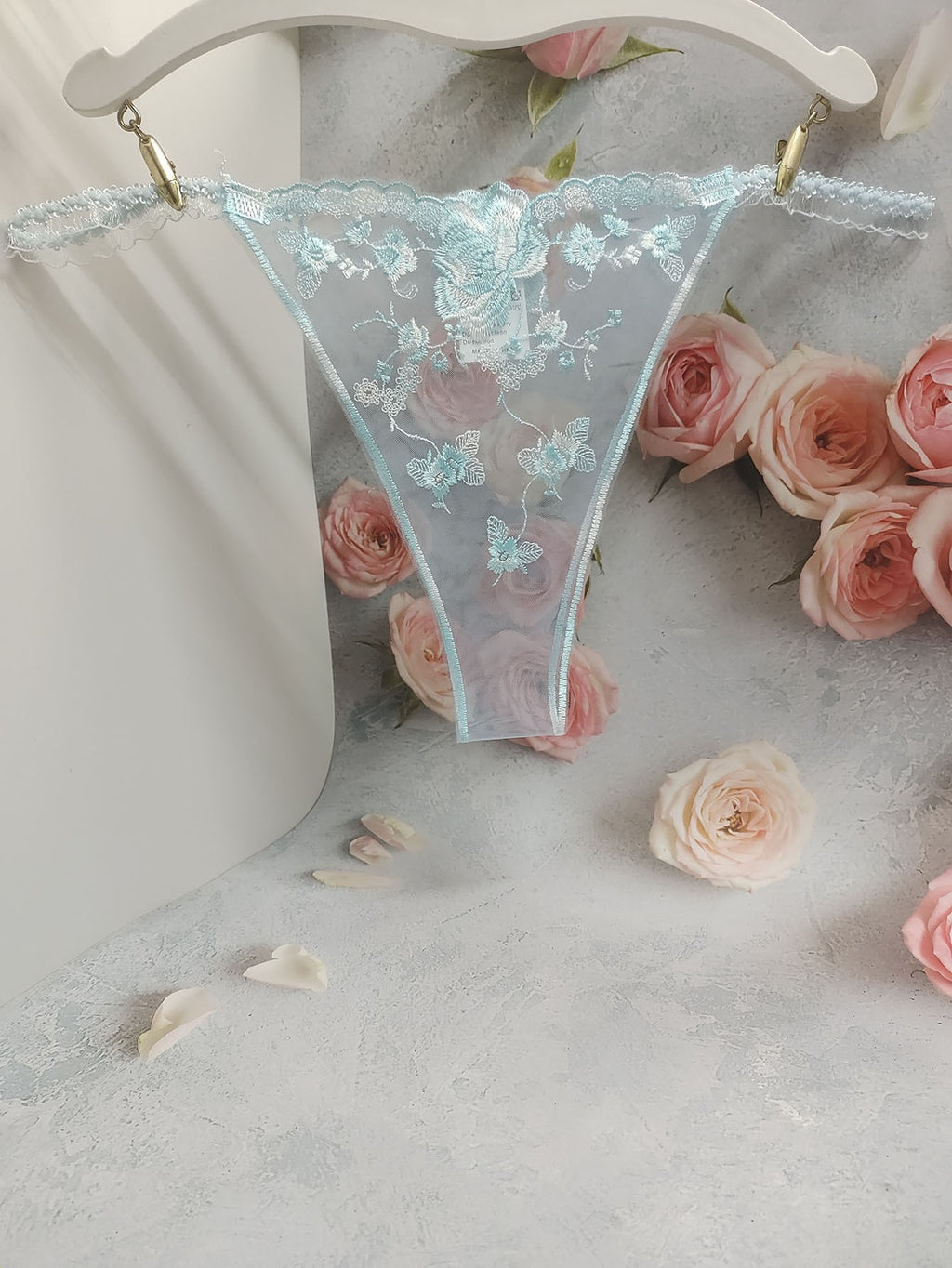 Floral Embroidered Sheer Mesh String Side Cheeky Panty - Sky Blue