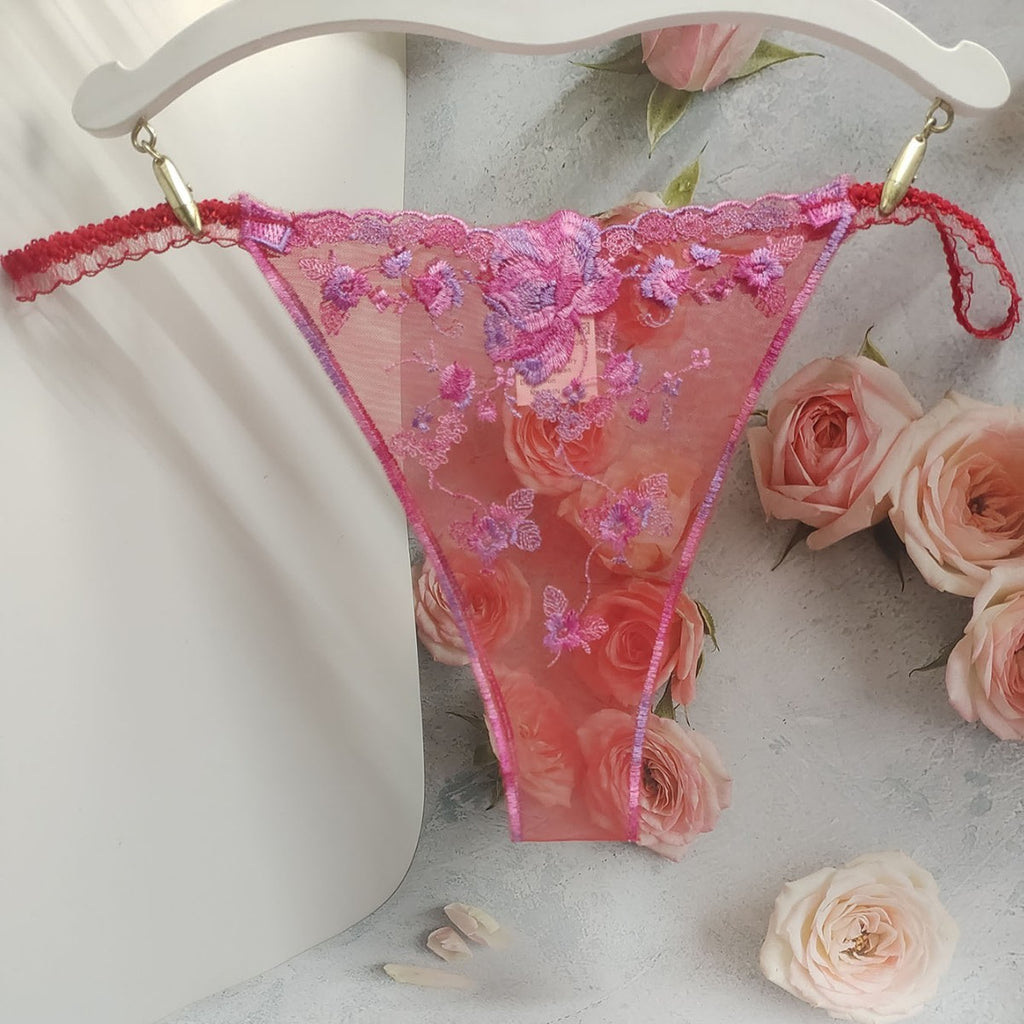 Floral Embroidered Sheer Mesh String Side Cheeky Panty